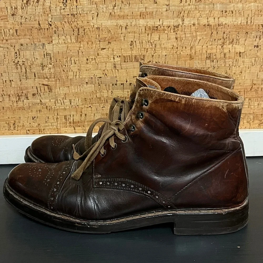 Vintage 90s Made Italy Mens 11 Leather Brogue Cap Toe Work Boots Brown